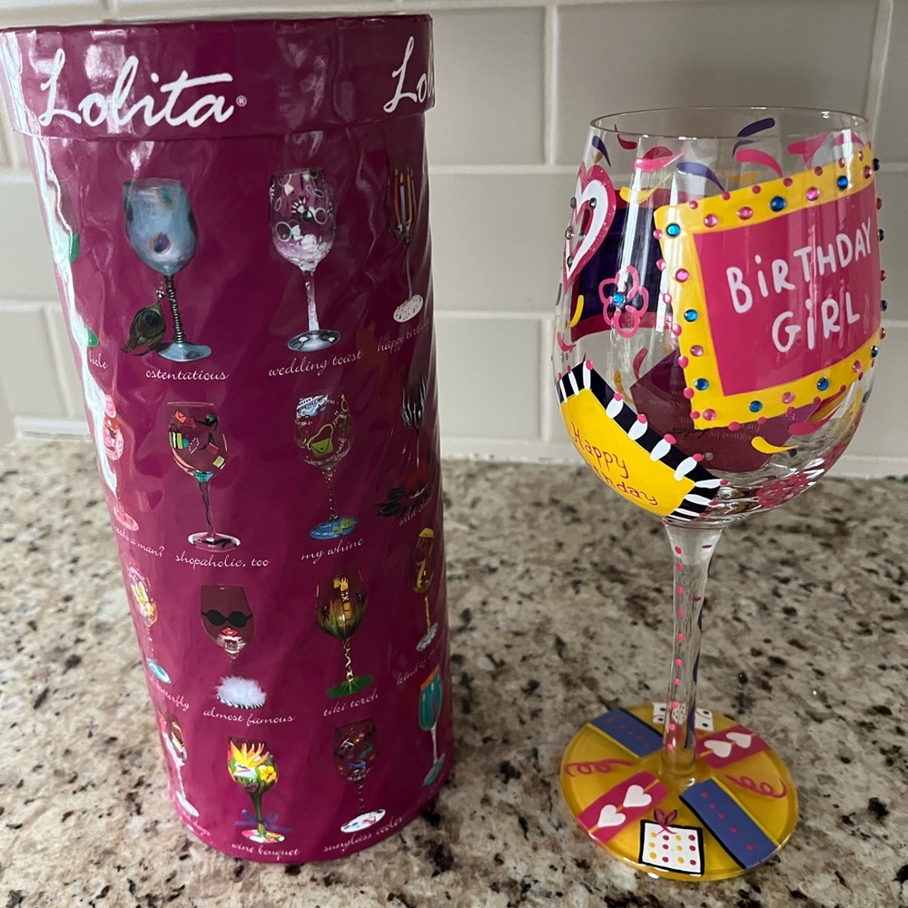 Lolita hand-painted Birthday Girl Celebration Wine Glass - Pink and Yellow